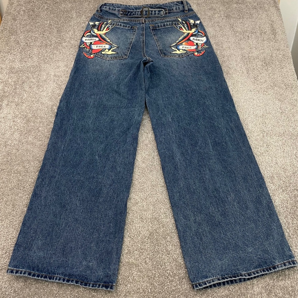 Ed Hardy Jeans Women 30 Wide Leg Baggy Y2K Blue Tattoo Cinch Back (Size Tag 28)